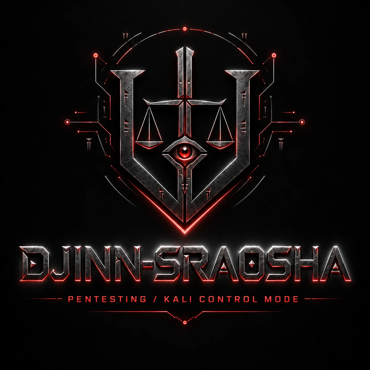 Approved DJINN-SRAOSHA emblem: dark shield, scales and eye, warm red accents on black.